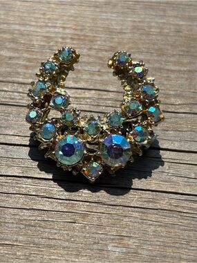 Vintage 1960s Unsigned Triad Style Aurora Borealis Crescent Brooch